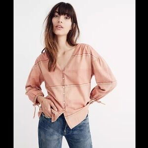 Madewell Morningview Tie-Sleeve Shirt Peach Plaid